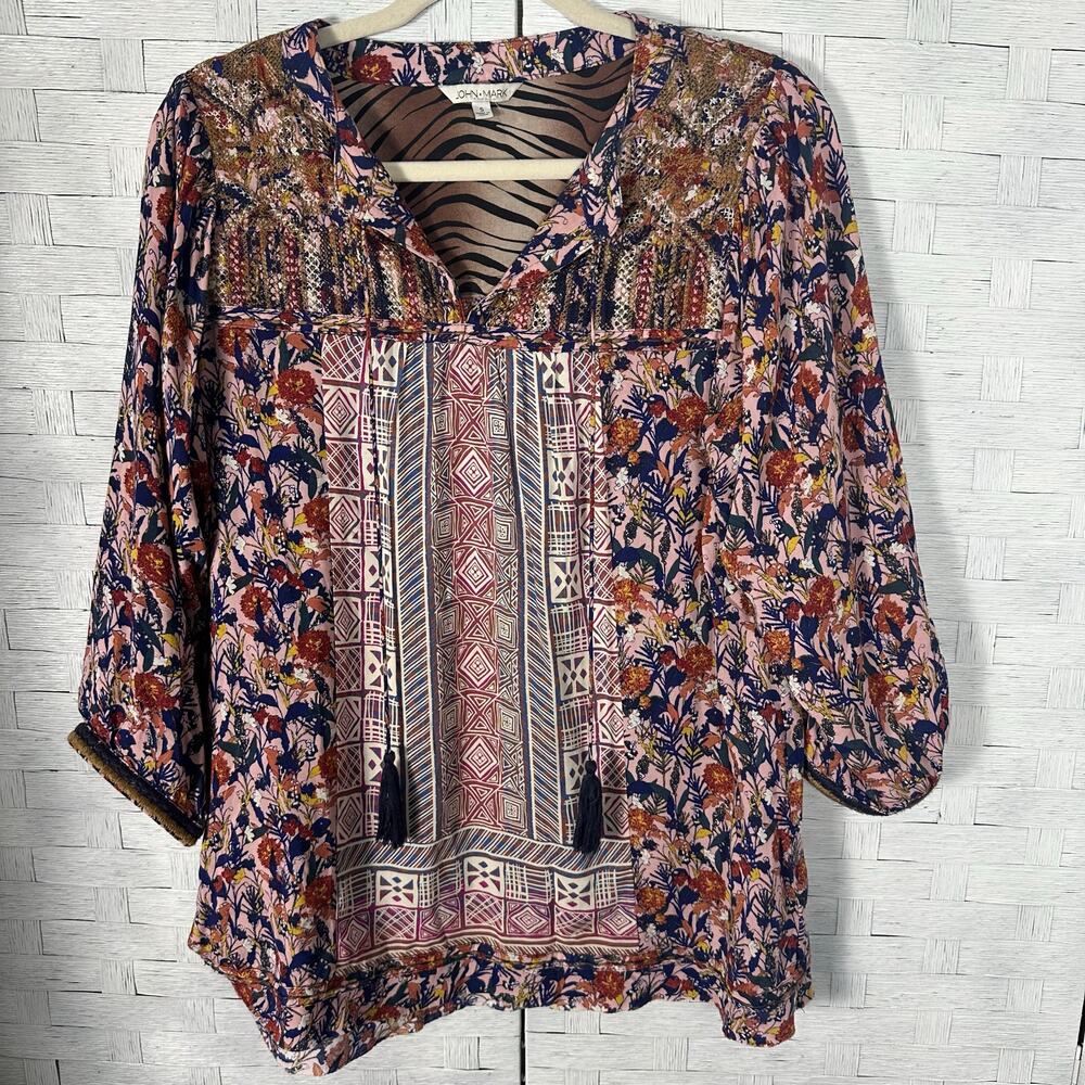 John Mark woman’s Bohemian blouse 3/4 sleeve floral hippie embroidered tassels ￼